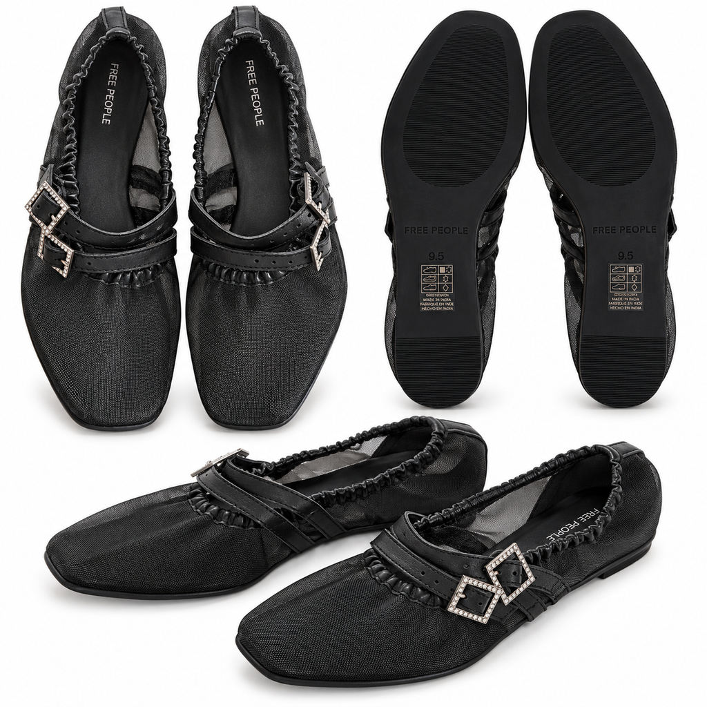 Free People Black Mesh Rhinestone Mary Jane Flats – Size 9.5