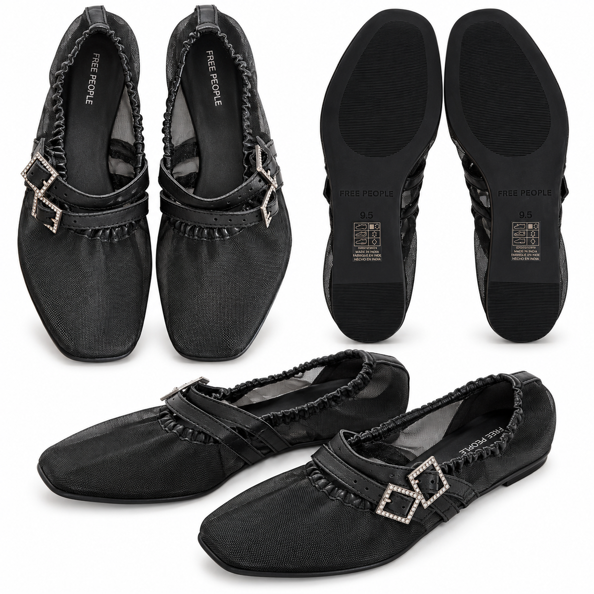 Free People Black Mesh Rhinestone Mary Jane Flats – Size 9.5