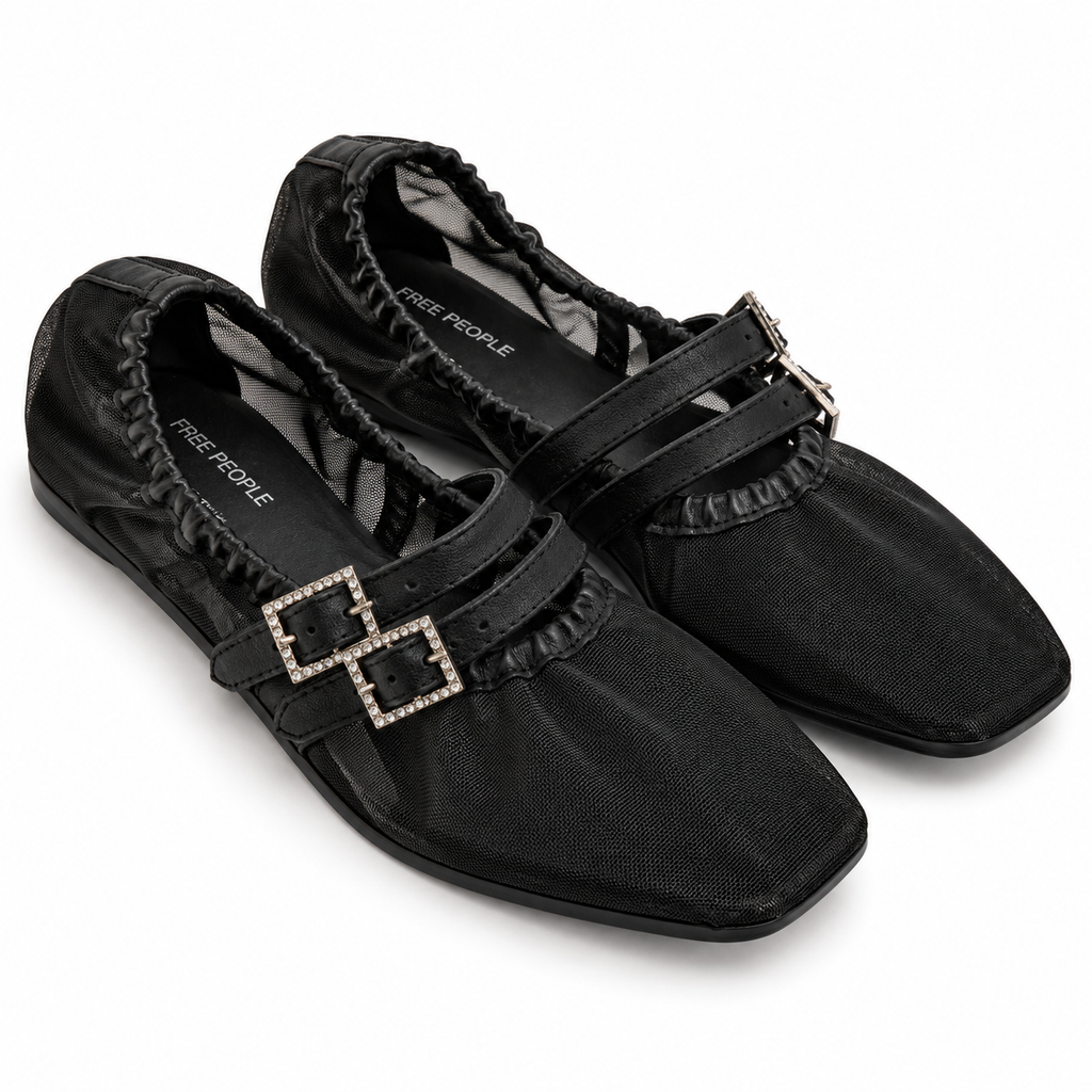 Free People Black Mesh Rhinestone Mary Jane Flats – Size 9.5