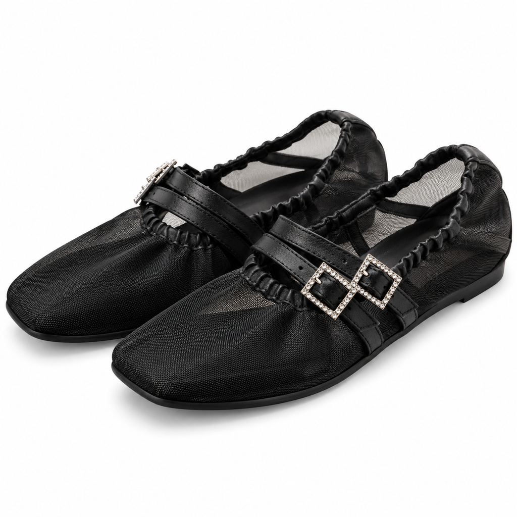 Free People Black Mesh Rhinestone Mary Jane Flats – Size 9.5