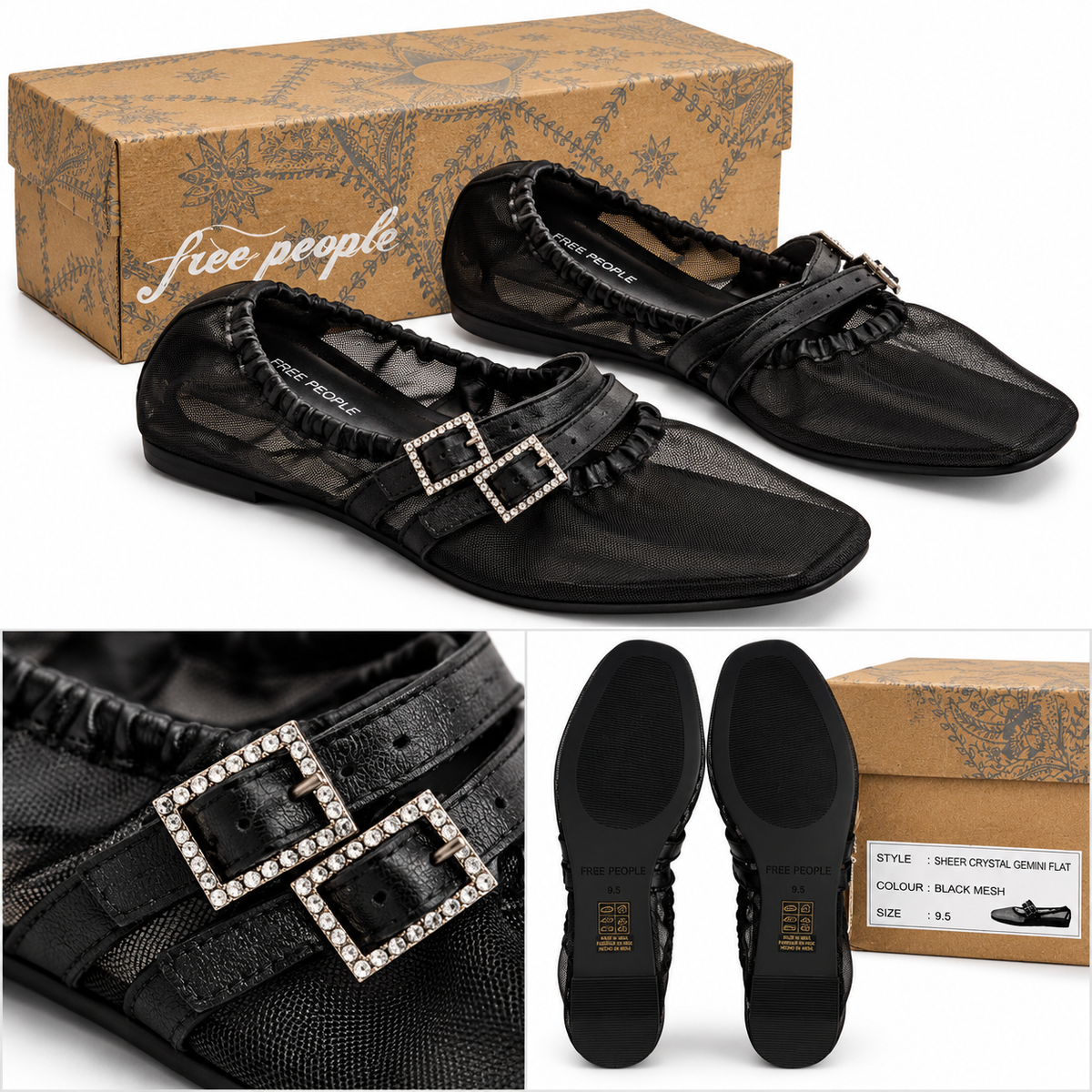 Free People Black Mesh Rhinestone Mary Jane Flats – Size 9.5