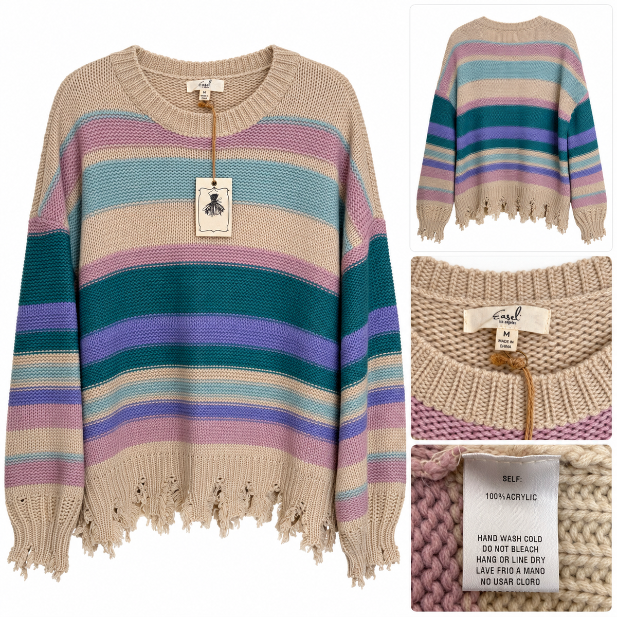 Easel Los Angeles NWT Distressed Multicolor Striped Sweater Size Medium